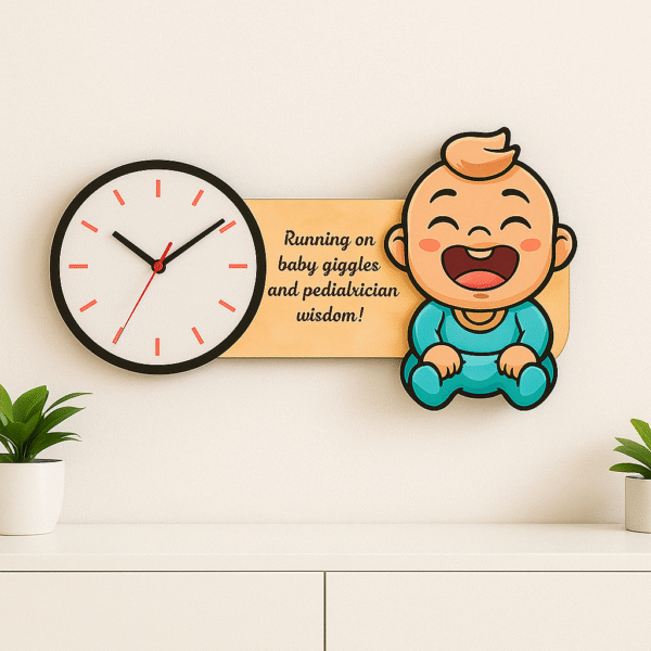 Pediatrician wall clock with baby cartoon and quote – perfect for child clinic or hospital OPD