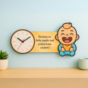 Pediatrician wall clock with baby cartoon and quote – perfect for child clinic or hospital OPD