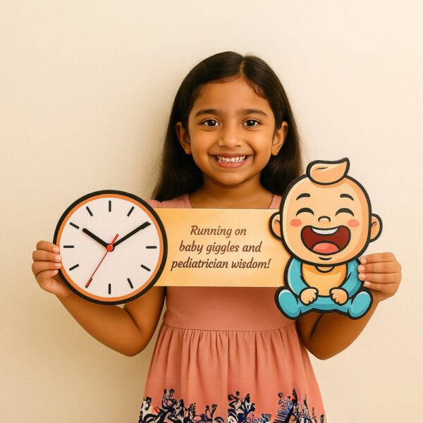 Pediatrician wall clock with baby cartoon and quote – perfect for child clinic or hospital OPD