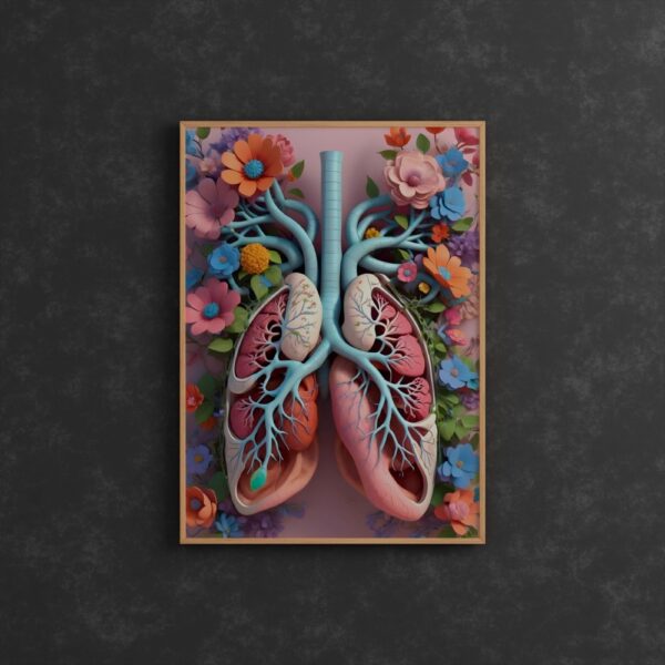 Beautiful anatomical lungs with blue airways and vibrant flowers on a pink background – art for doctors
