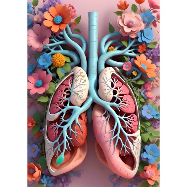 Beautiful anatomical lungs with blue airways and vibrant flowers on a pink background – art for doctors