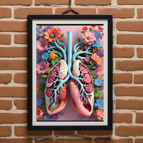 Beautiful anatomical lungs with blue airways and vibrant flowers on a pink background – art for doctors