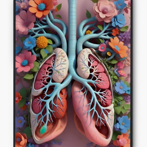 Beautiful anatomical lungs with blue airways and vibrant flowers on a pink background – art for doctors