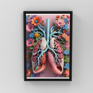 Beautiful anatomical lungs with blue airways and vibrant flowers on a pink background – art for doctors