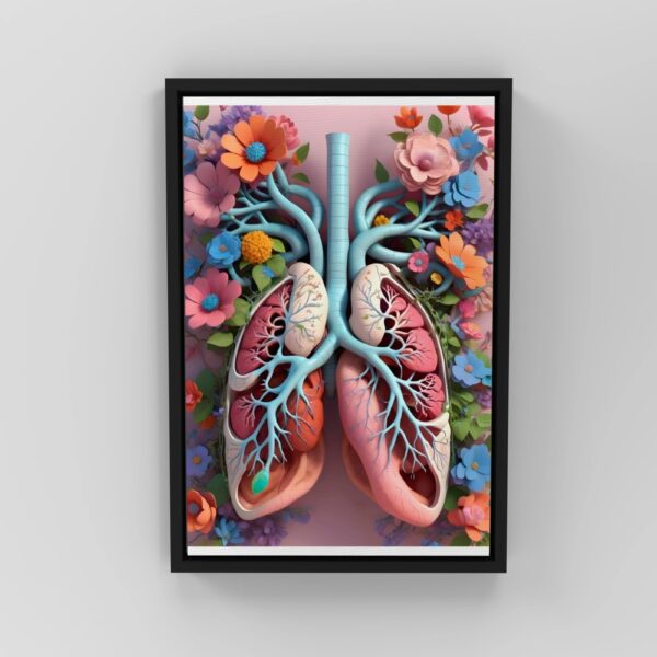 Beautiful anatomical lungs with blue airways and vibrant flowers on a pink background – art for doctors