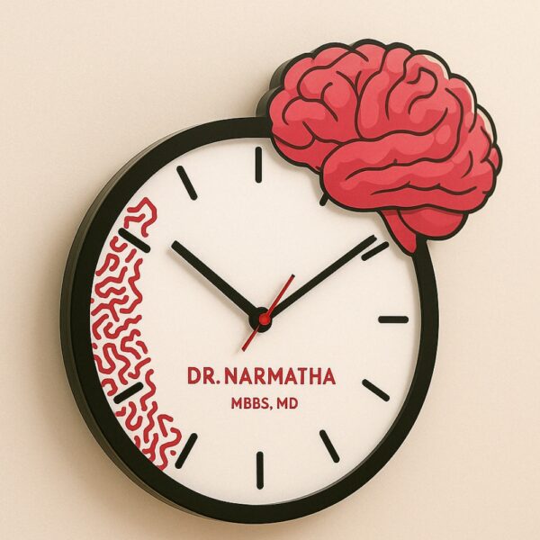 Brain-themed wall clock for doctors with custom name – ideal for clinic or hospital decor