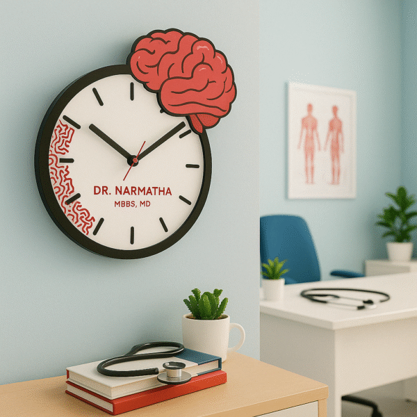 Brain-themed wall clock for doctors with custom name – ideal for clinic or hospital decor