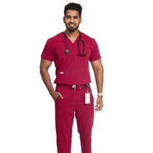 Male doctor in Burgundy scrub set with stethoscope – comfortable wrinkle-resistant medical wear