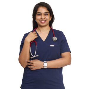 Female doctor in navy blue scrub set with stethoscope and tablet – breathable wrinkle-free medical uniform