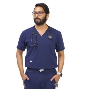 Male doctor in navy blue scrub set with stethoscope – premium wrinkle-resistant medical wear