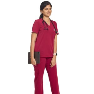 Female doctor in burgundy scrub set with stethoscope and tablet – stylish, breathable medical wear