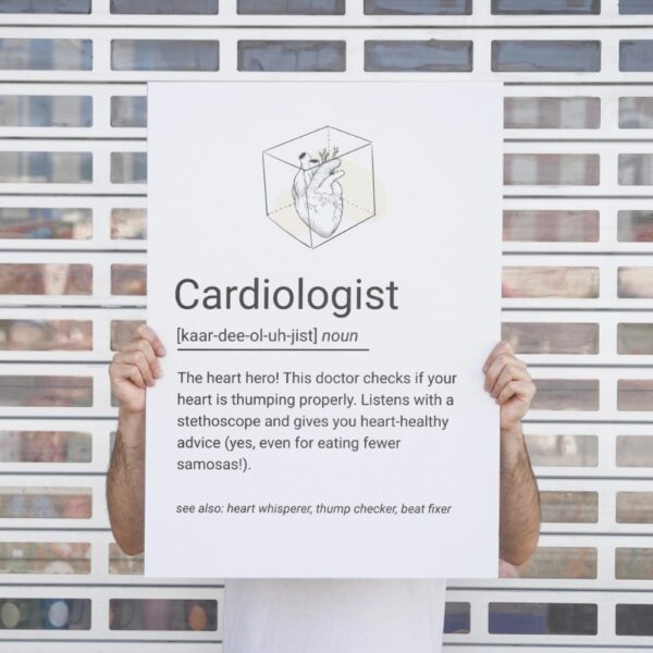 Illustrated minimalist wall art of a human heart in a 3D box with a playful definition of a cardiologist.