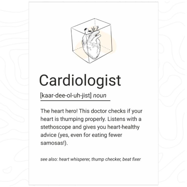 Illustrated minimalist wall art of a human heart in a 3D box with a playful definition of a cardiologist.