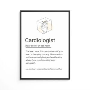 Illustrated minimalist wall art of a human heart in a 3D box with a playful definition of a cardiologist.