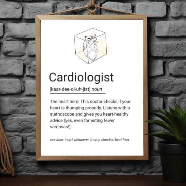 Illustrated minimalist wall art of a human heart in a 3D box with a playful definition of a cardiologist.