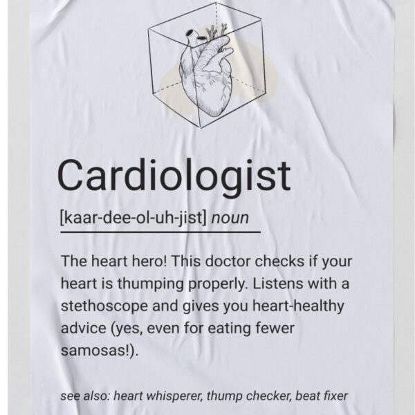 Illustrated minimalist wall art of a human heart in a 3D box with a playful definition of a cardiologist.