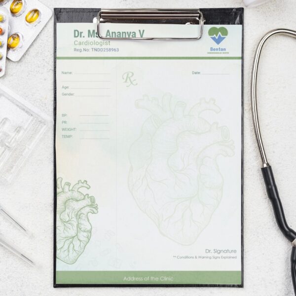 Elegant cardiologist prescription pad with anatomical heart illustrations and sections for vitals.