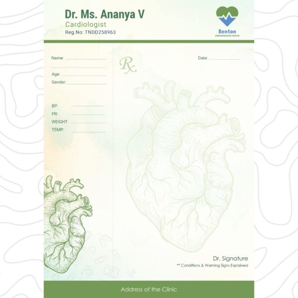 Elegant cardiologist prescription pad with anatomical heart illustrations and sections for vitals.