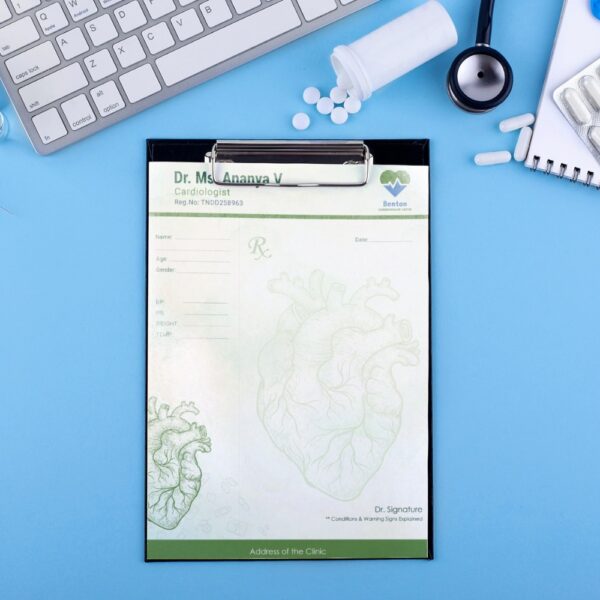 Elegant cardiologist prescription pad with anatomical heart illustrations and sections for vitals.