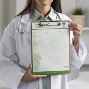 Elegant cardiologist prescription pad with anatomical heart illustrations and sections for vitals.