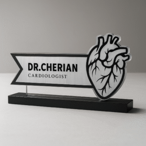 Cardiologist desk name plate with heart icon – silver acrylic name board for doctors and hospitals