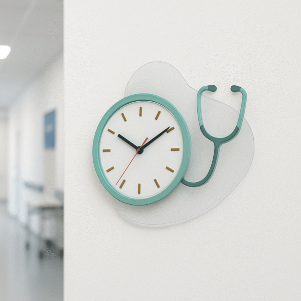 Minimal stethoscope-shaped wall clock with engraved acrylic wave base – perfect for doctors and hospitals