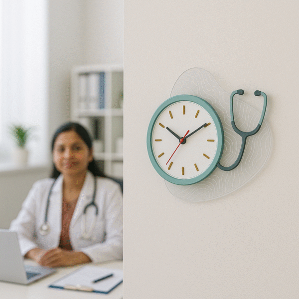 Minimal stethoscope-shaped wall clock with engraved acrylic wave base – perfect for doctors and hospitals