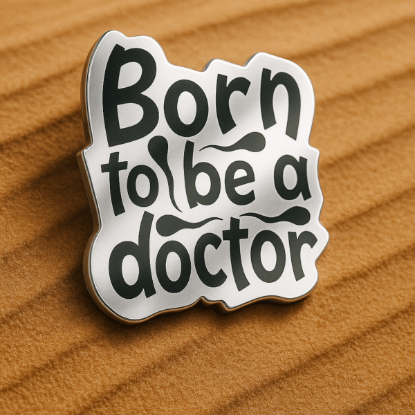 Glossy black and white brooch featuring the quote "Born to be a doctor" in bold, playful lettering.