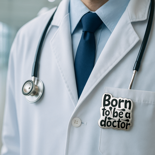 Glossy black and white brooch featuring the quote "Born to be a doctor" in bold, playful lettering.