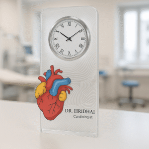 Acrylic table clock for cardiologists with anatomical heart illustration and personalized name