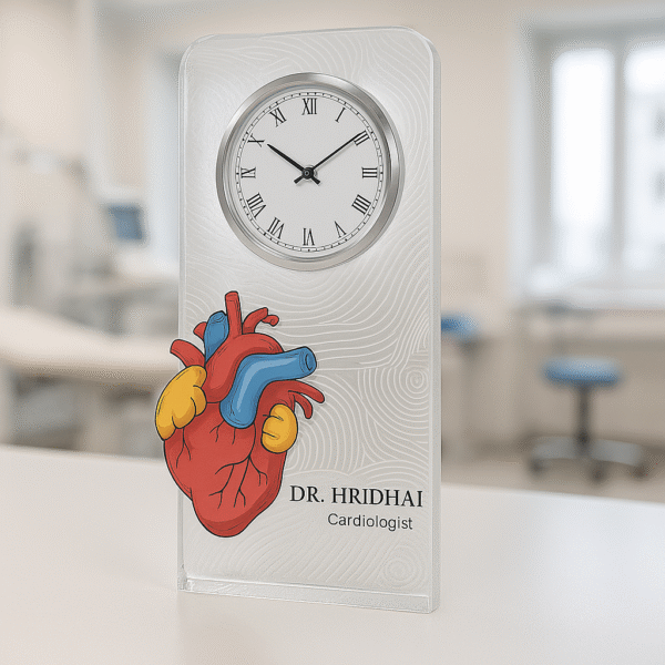 Acrylic table clock for cardiologists with anatomical heart illustration and personalized name
