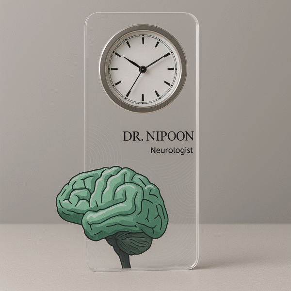 Acrylic table clock for neurologists with brain illustration and personalized name