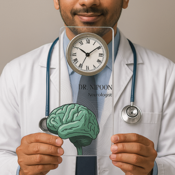 Acrylic table clock for neurologists with brain illustration and personalized name
