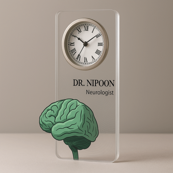 Acrylic table clock for neurologists with brain illustration and personalized name
