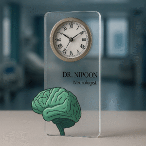 Acrylic table clock for neurologists with brain illustration and personalized name