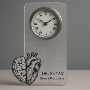 Acrylic table clock for general practitioners with brain and heart sketch illustration and personalized name