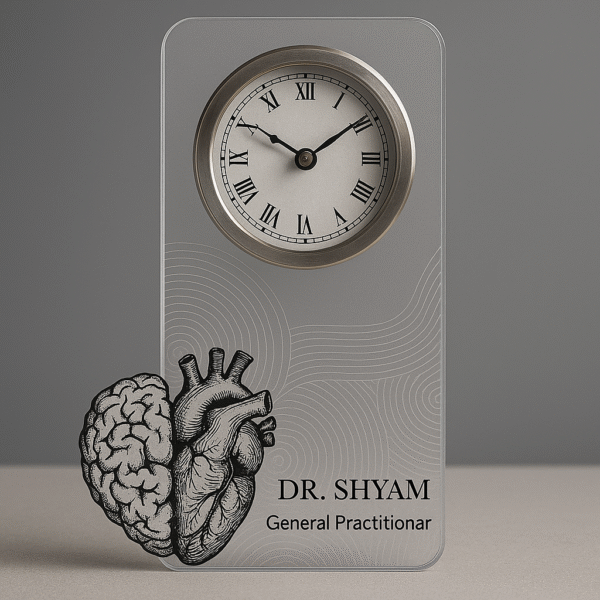 Acrylic table clock for general practitioners with brain and heart sketch illustration and personalized name