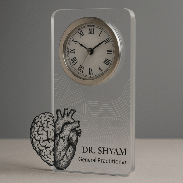 Acrylic table clock for general practitioners with brain and heart sketch illustration and personalized name