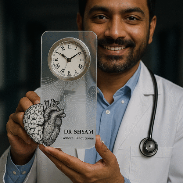 Acrylic table clock for general practitioners with brain and heart sketch illustration and personalized name