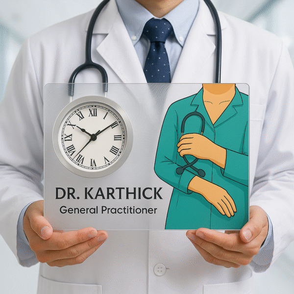 Horizontal acrylic table clock for general practitioners with doctor illustration and personalized name