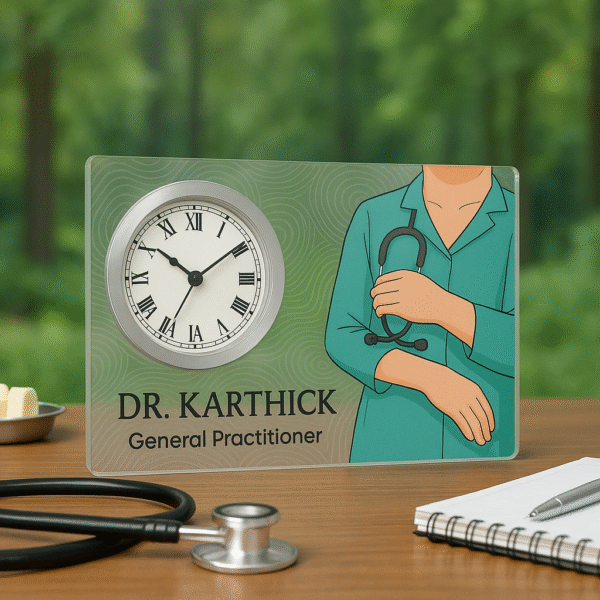 Horizontal acrylic table clock for general practitioners with doctor illustration and personalized name