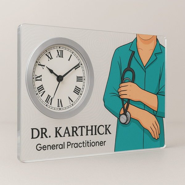 Horizontal acrylic table clock for general practitioners with doctor illustration and personalized name