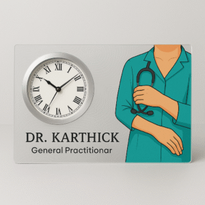 Horizontal acrylic table clock for general practitioners with doctor illustration and personalized name
