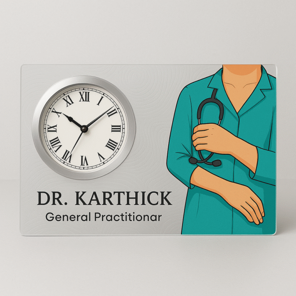 Horizontal acrylic table clock for general practitioners with doctor illustration and personalized name