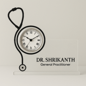Horizontal acrylic table clock with stethoscope design and personalized doctor name