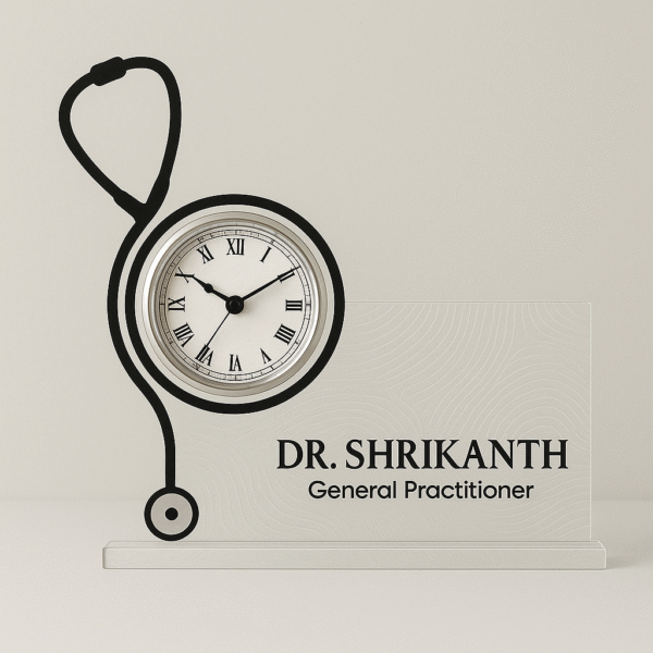 Horizontal acrylic table clock with stethoscope design and personalized doctor name