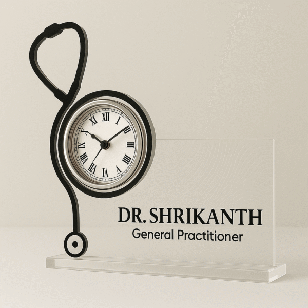 Horizontal acrylic table clock with stethoscope design and personalized doctor name