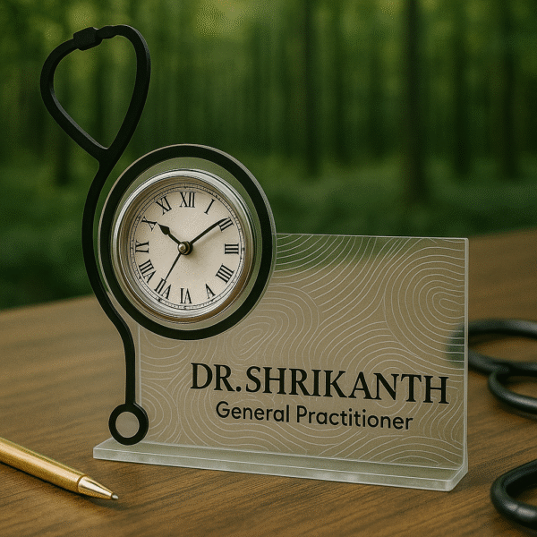 Horizontal acrylic table clock with stethoscope design and personalized doctor name