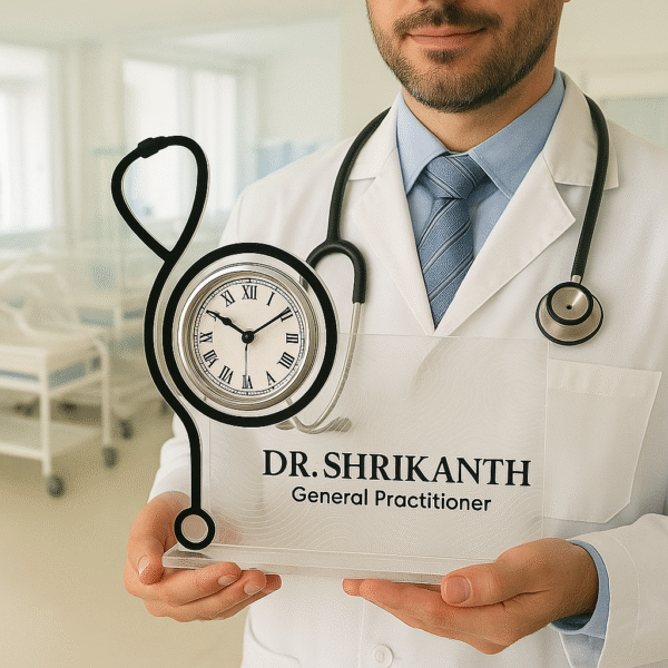 Horizontal acrylic table clock with stethoscope design and personalized doctor name