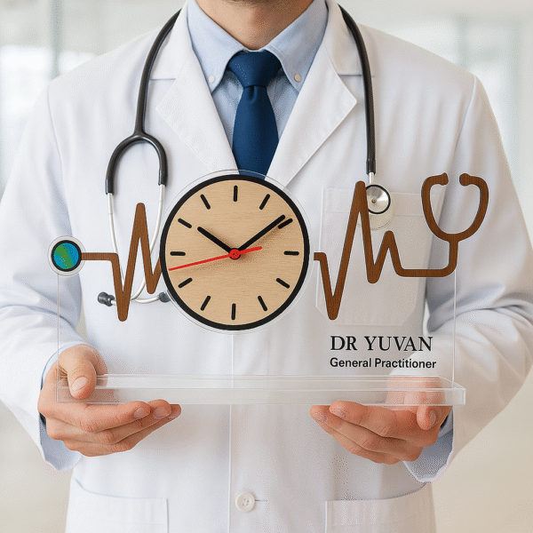 Acrylic table clock with heartbeat waveform and stethoscope design, wood-inlay finish, and doctor’s name